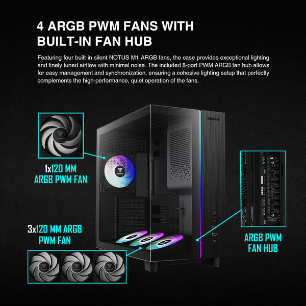 GAMDIAS PC Case, ATX Gaming Mid Tower, No-Hub, Real-time Monitor, Seamless Tempered Glass, Pre-install 3 x 120 mm ARGB PWM Fans, Side Vents Perforated, Black