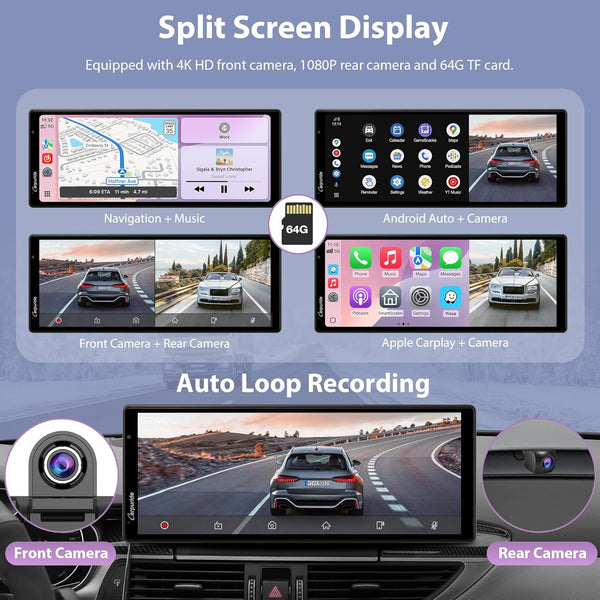 Carpuride Wireless Carplay & Android Auto with Dash Cam - 10.26" HD IPS Touch Car Play Screen for Car, 4K Front & 1080P Rear Camera, Loop Recording, Bluetooth Audio, Mirror Link, GPS, Siri
