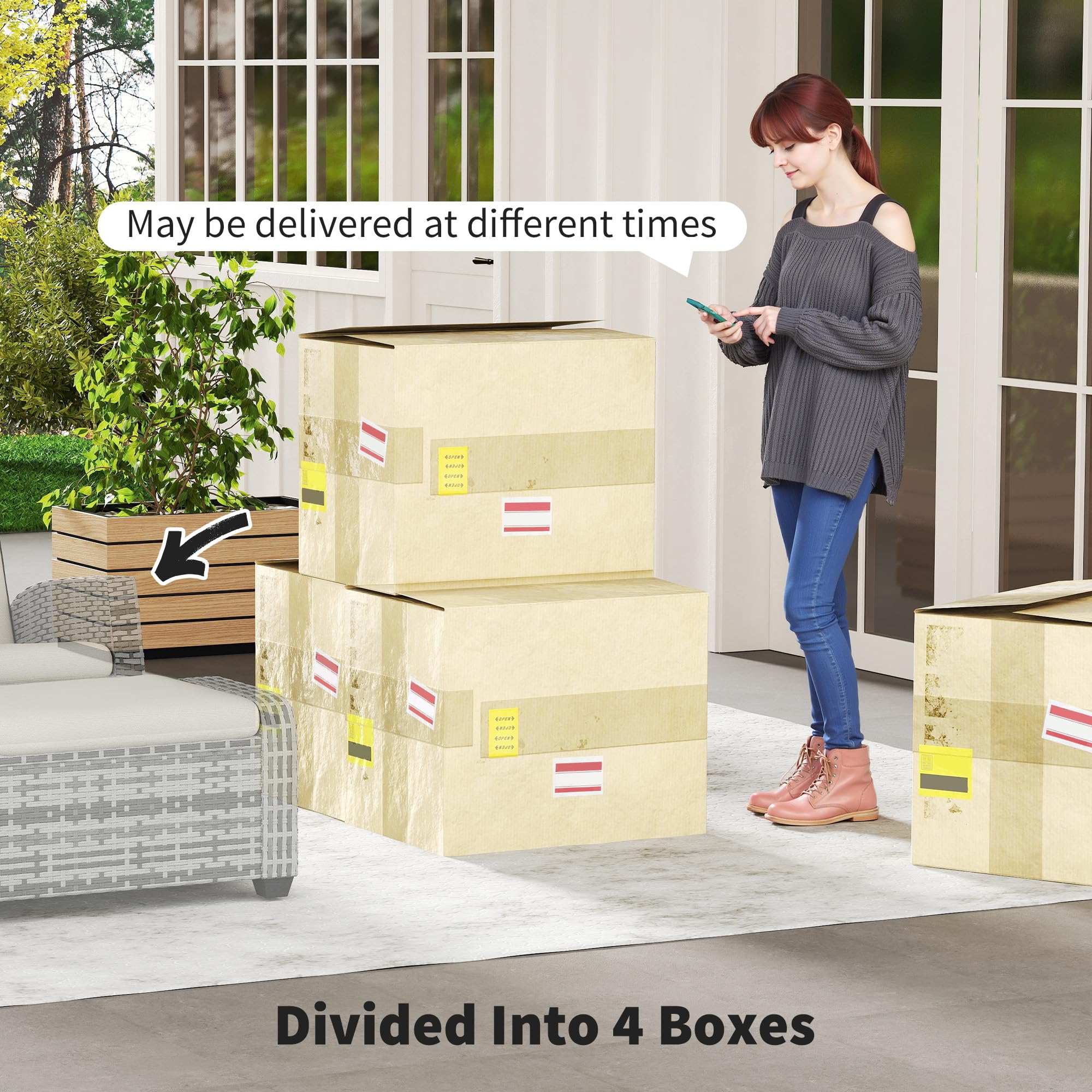 Outsunny 5 Piece Rattan Garden Furniture Set, Garden Reclining Rattan Chairs Set of 2 with Wood-Plastic Composite Table, Footstools and Thick Cushions for Balcony, Patio, Charcoal Grey