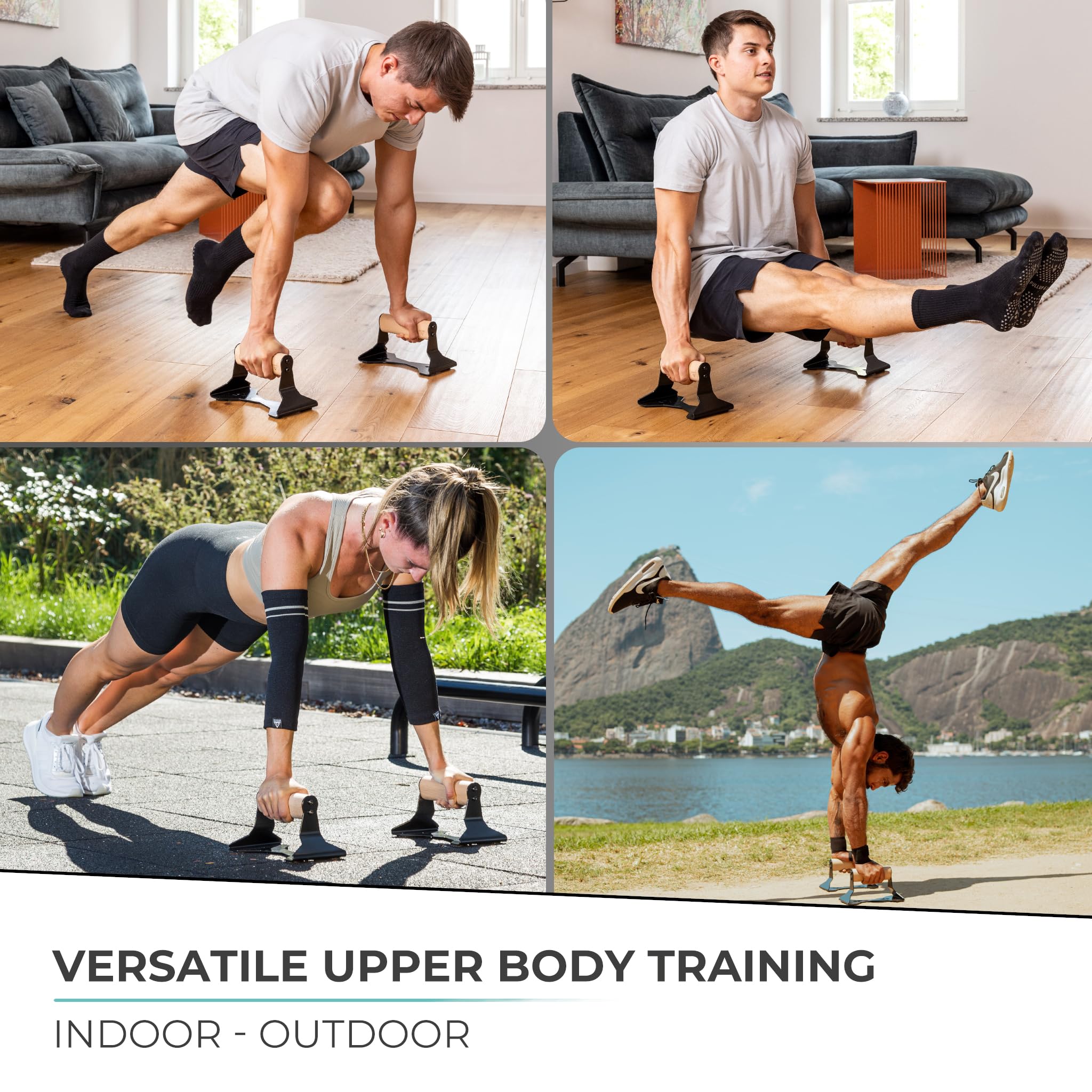 PULLUP & DIP Parallettes - Push Up Handles with Ergonomic Wooden Handles & Heavy-Duty Steel - Non-slip Parallettes Bars for Strength Training and