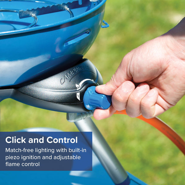 Campingaz Party Grill 400 CV, Camping Stove and Grill, All-in-One Portable Camping BBQ, with Griddle, Grid and Pan Support, Lid Doubles as Wok, Blue