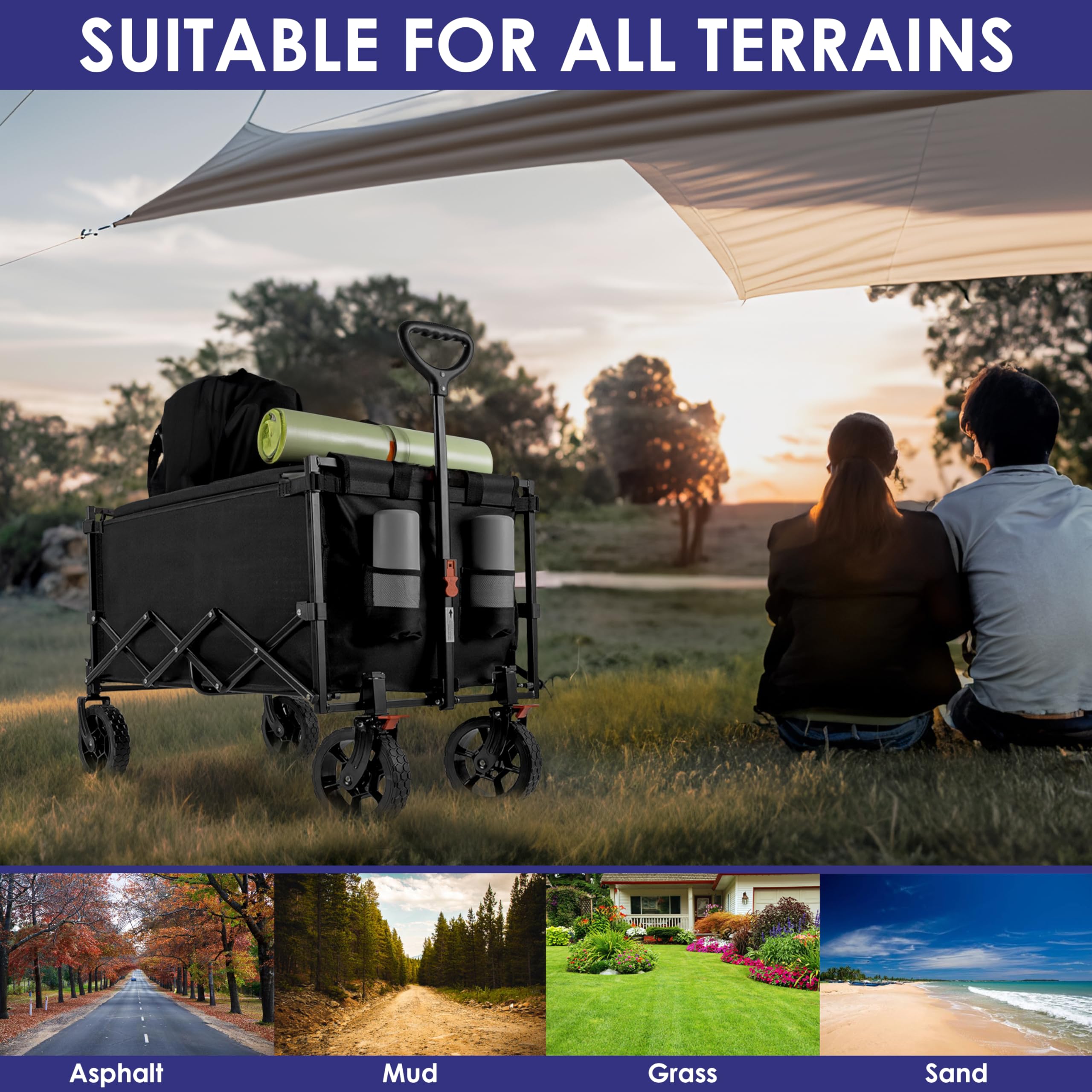 Finnhomy 150L Folding Camping Trolley with Brake, Collapsible Festival Trolley with Removable Wheels, 150KGs Capacity with Drink Holders