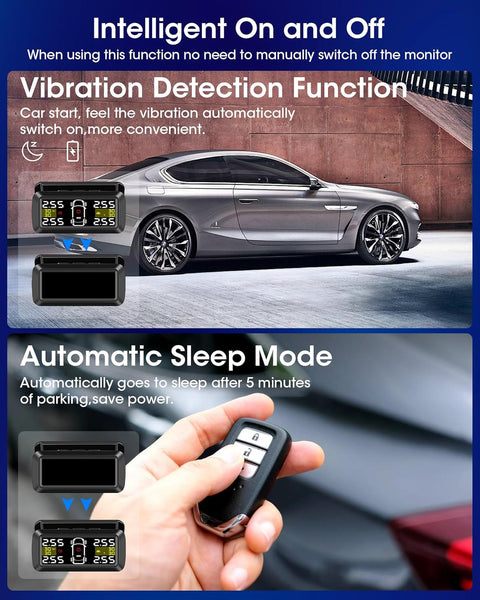 Jansite Upgraded TPMS Tyre Pressure Monitoring System Solar Wireless 4/2 Wheel Switch Modes Accuracy 0.01 Bar 21-87Psi Tyre Pressure Monitor 6 Alarm Mode with Detached Bracket and 4 External Sensors