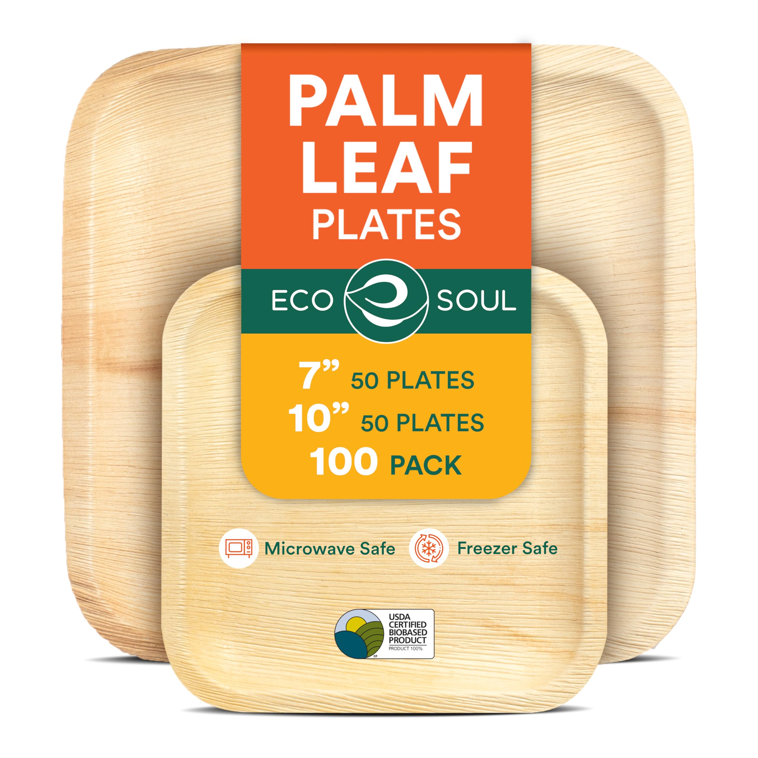 ECO SOUL 100 Palm Leaf Square Plates | 50 Large Dinner Plates, 50 Small Appetizer Plates | Compostable Bamboo-Like Disposable Tableware for Party,