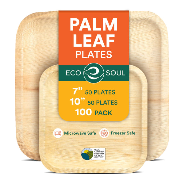 ECO SOUL 100 Palm Leaf Square Plates | 50 Large Dinner Plates, 50 Small Appetizer Plates | Compostable Bamboo-Like Disposable Tableware for Party,