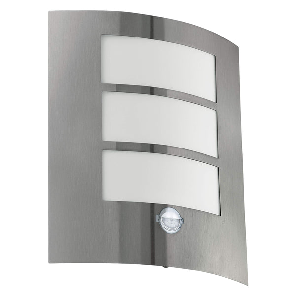 Eglo City Outdoor Motion Sensor Wall Light, White and Silver Stainless Steel External Porch Lighting, Exterior Lamp, E27 Socket, IP44