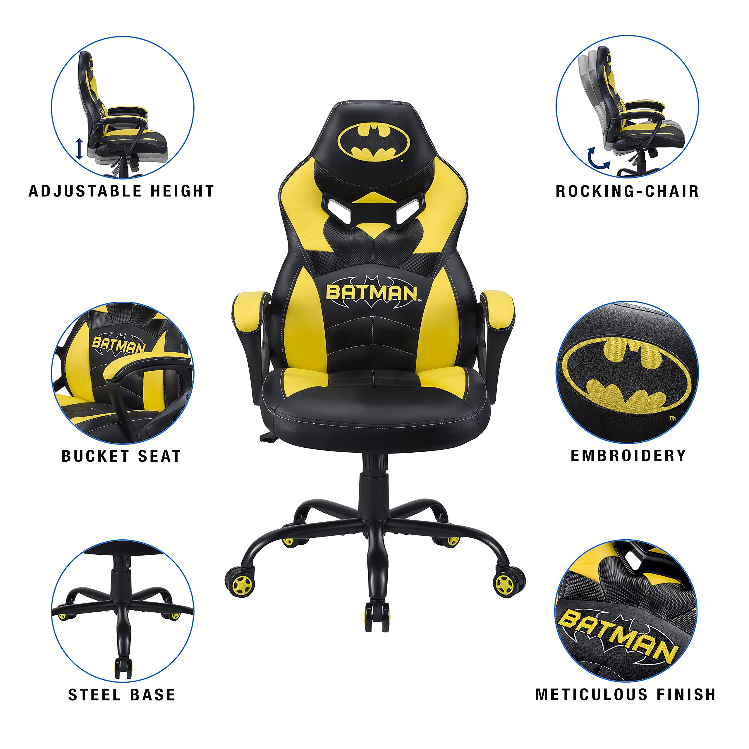 Subsonic Joker - Gaming chair or office chair, adult gamer chair, comfortable seat, integrated headrest, adjustable armrests and height, ergonomic backrest - Black