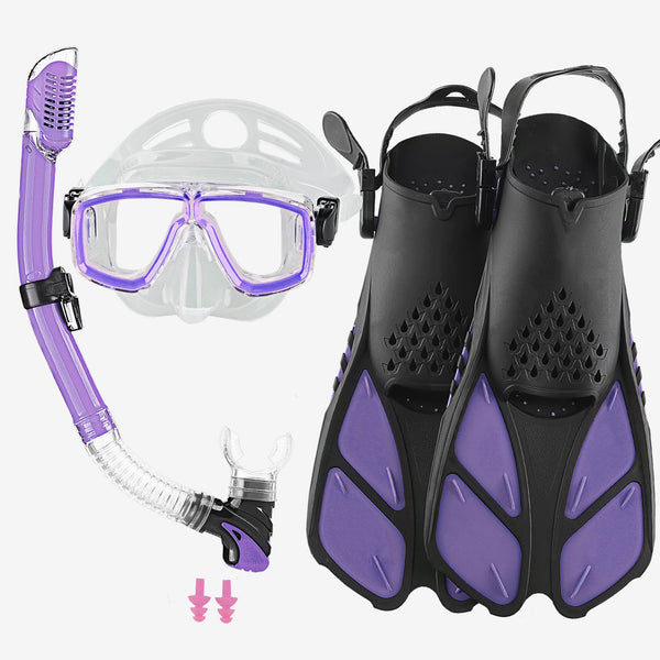 Adults Mask Snorkel Fins Set, Snorkeling Gear for Adult with Fins, Snorkel Sets with Flippers, Adult Anti Leak Scuba Gear with Adjustable Fins Diving