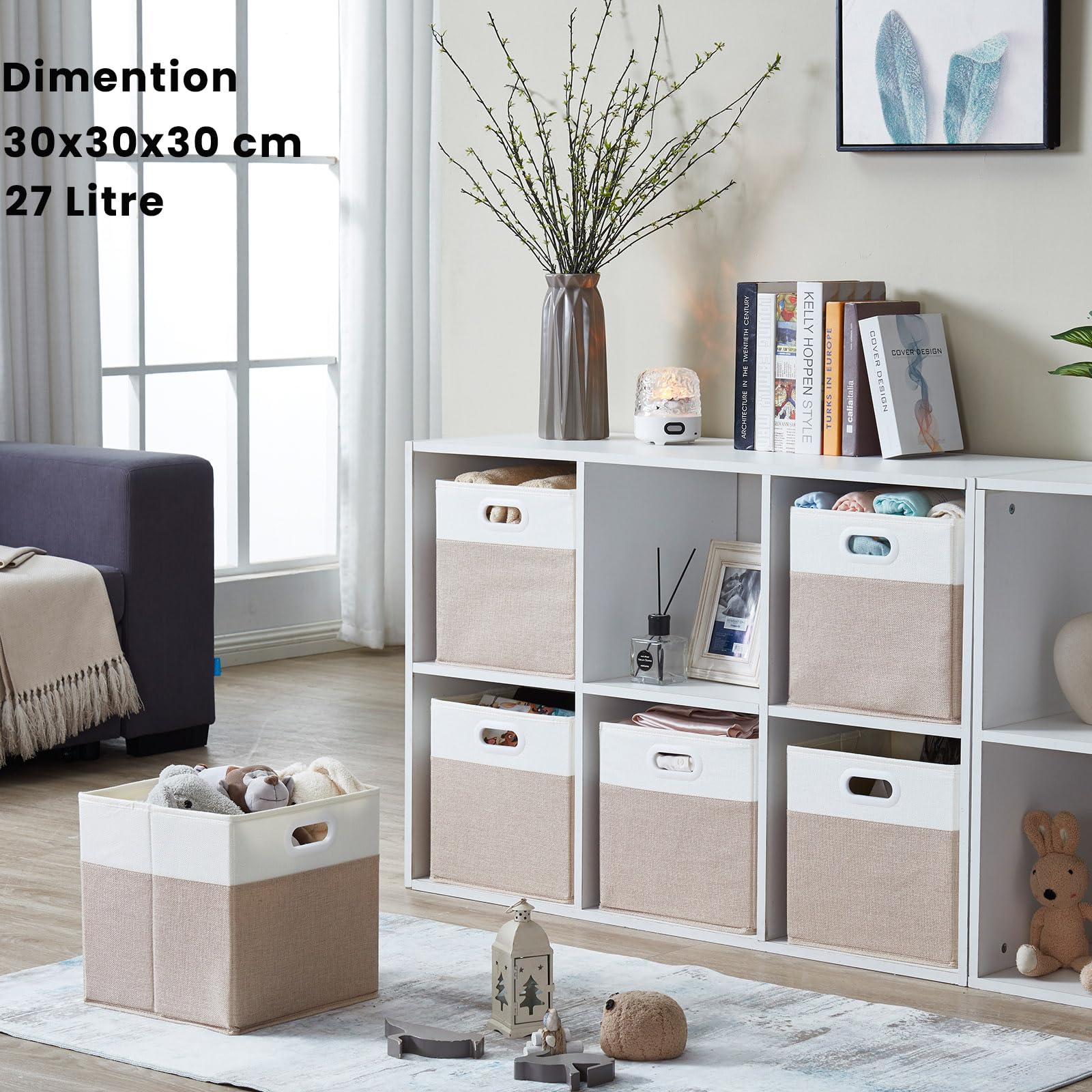 Mangata Cube Storage Boxes 30x30x30 cm, Fabric Storage Cube Baskets for Clothes Bins, Baskets, Chests,Toys (Lihgt Khaki White, 4Pcs)