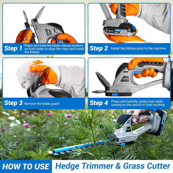 Hedge Trimmer Cordless: DEKOPRO 20V 2-in-1 Grass Trimmer Bush Trimmer with Battery for Yard, Garden, Lawn