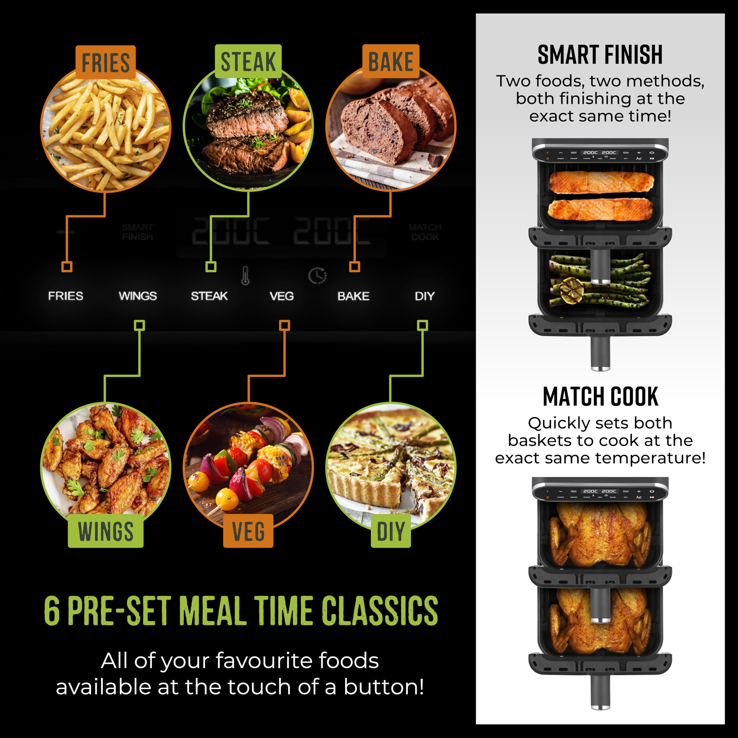 Tower T17190GRP Vortx XL Dual Stack Air Fryer with Digital Control Panel, Space Saving Design, 6 Preset Cooking Modes, Match Cook & Smart Finish Functions, 2460W, 11L, Graphite with Chrome Trim