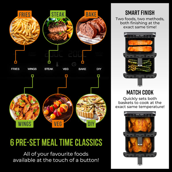 Tower T17190GRP Vortx XL Dual Stack Air Fryer with Digital Control Panel, Space Saving Design, 6 Preset Cooking Modes, Match Cook & Smart Finish Functions, 2460W, 11L, Graphite with Chrome Trim