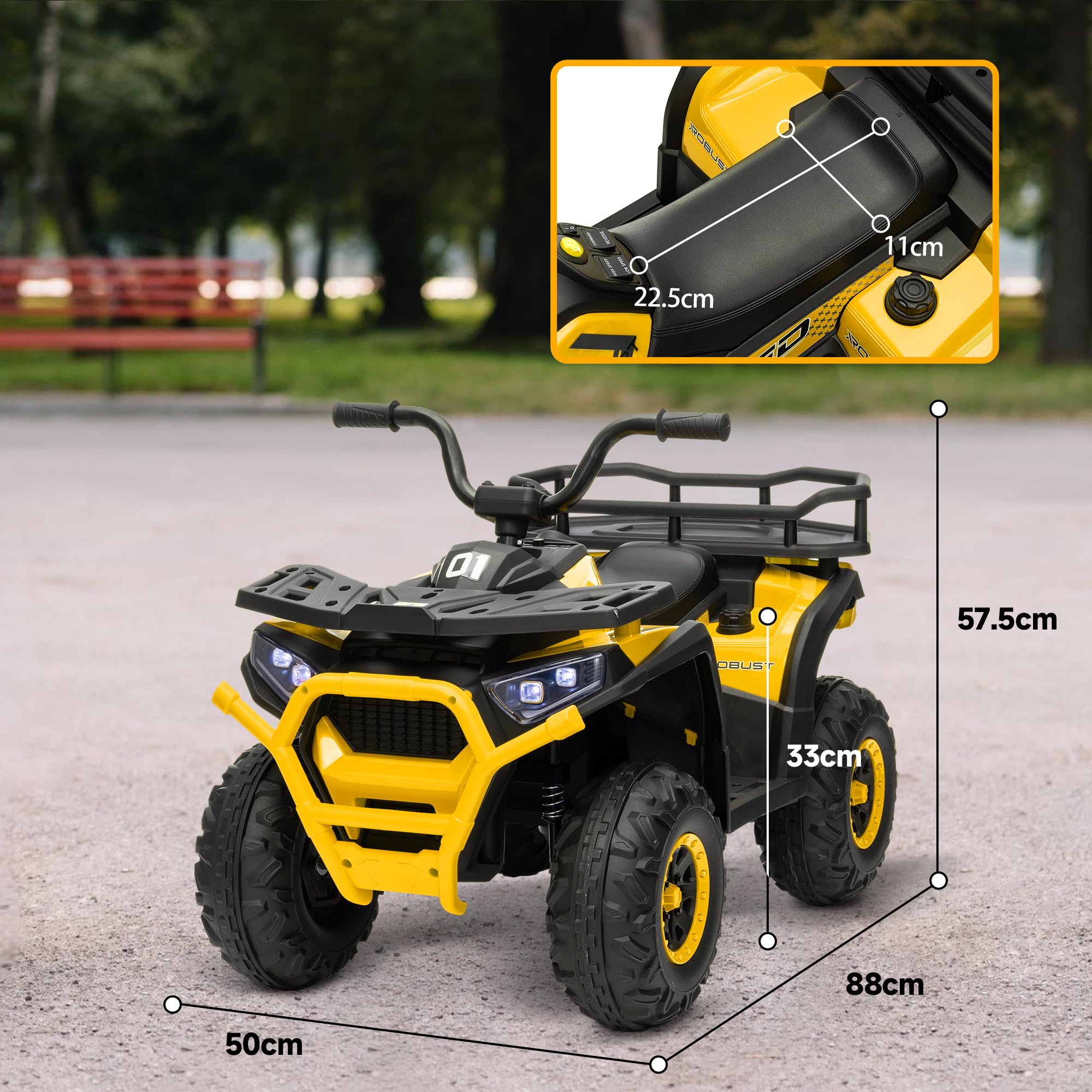 AIYAPLAY 12V Kids Electric Ride on ATV, Battery Powered Quad Bike with 4 Suspension Wheels, Forward Reverse Function, Headlights, Music, Storage Basket, for Ages 3-5 Years, Yellow