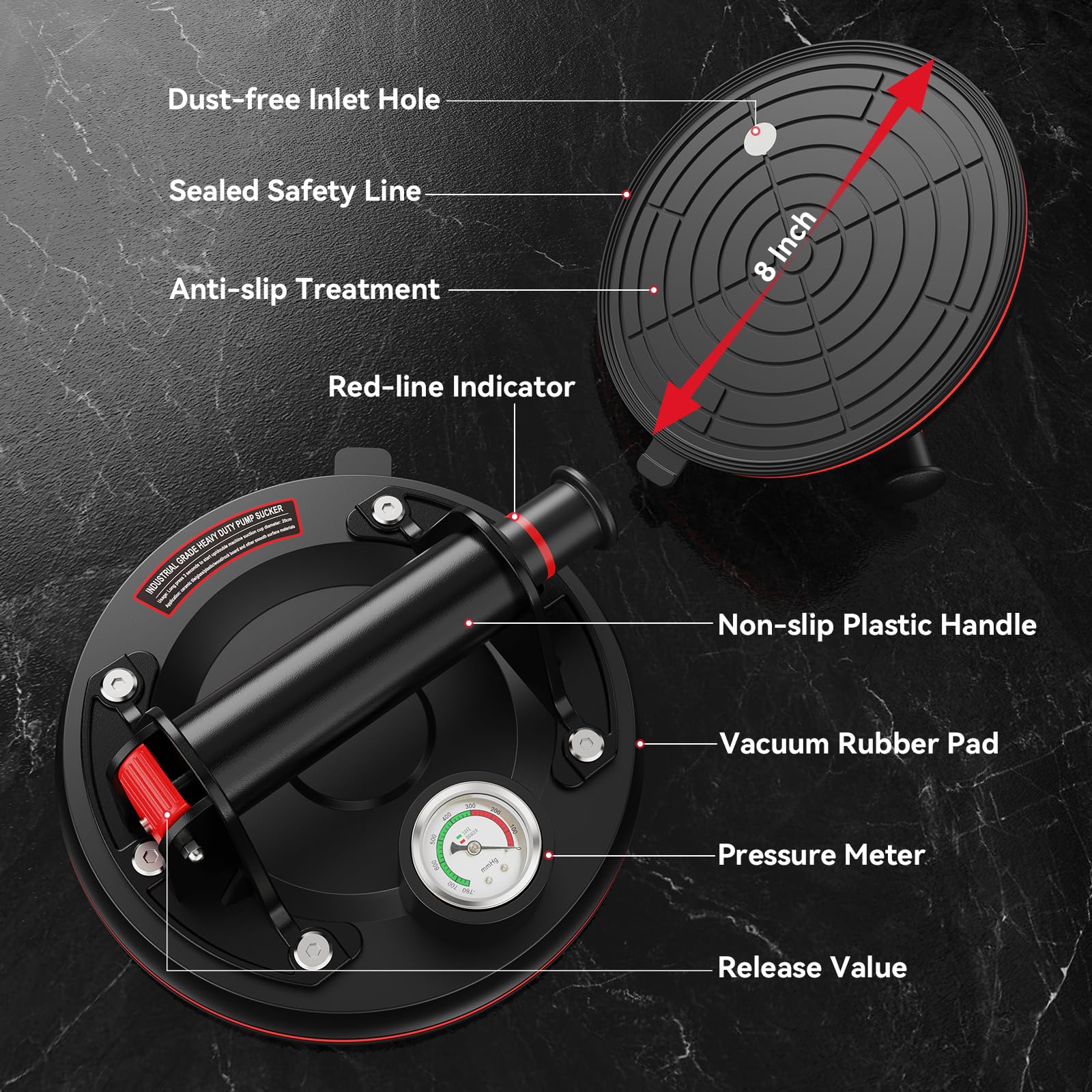 Avhrit 8-Inch Tile Suction Cups Lifter with Pressure Gauge, 485 lbs/220 kg Load Capacity, Heavy Duty Glass Vacuum Suction Cup for Replacing Auto Windshields, Tiles, Granite, and Floors (Two Cups)