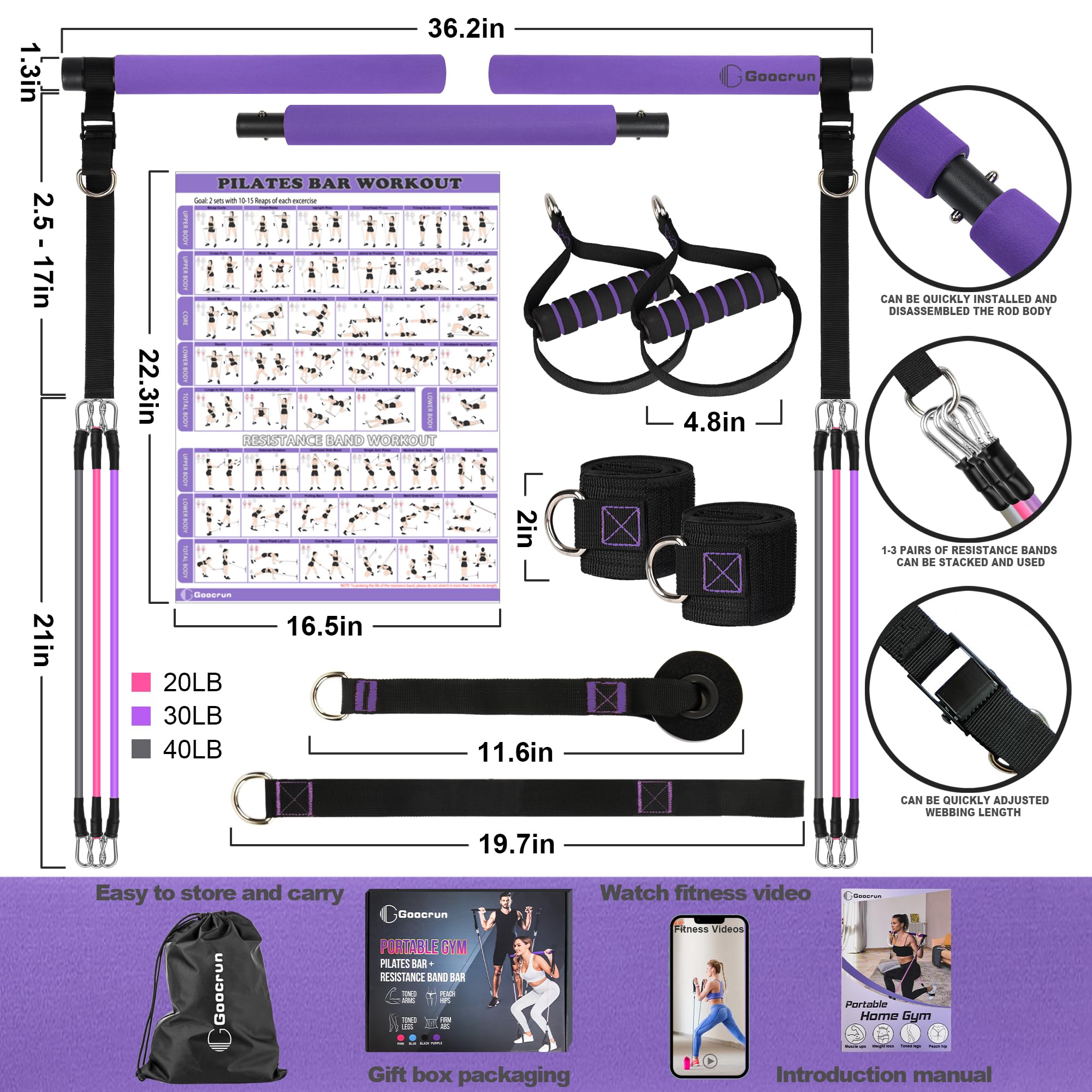 Multifunctional Pilates Bar Kit Home Gym, Resistance Bands Set with Handles and Door Anchor and Extension Straps - with Fitness Poster and Video