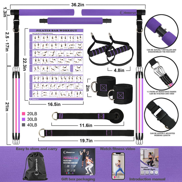Multifunctional Pilates Bar Kit Home Gym, Resistance Bands Set with Handles and Door Anchor and Extension Straps - with Fitness Poster and Video