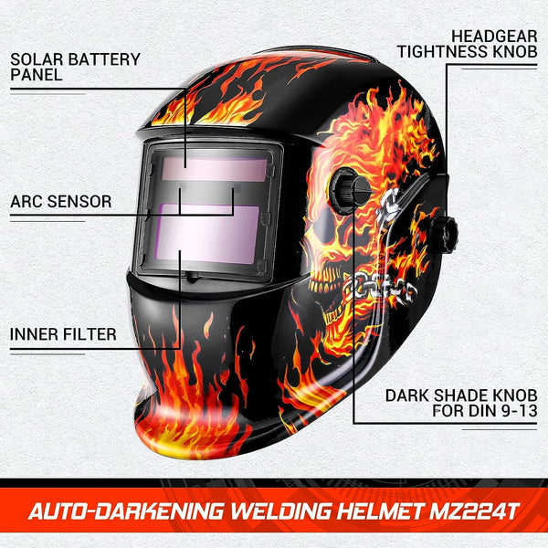DEKO Welding Helmet Auto Darkening: True Color Solar Powered Auto Darkening Welding Helmets Welder Mask Hood (Skull Design)
