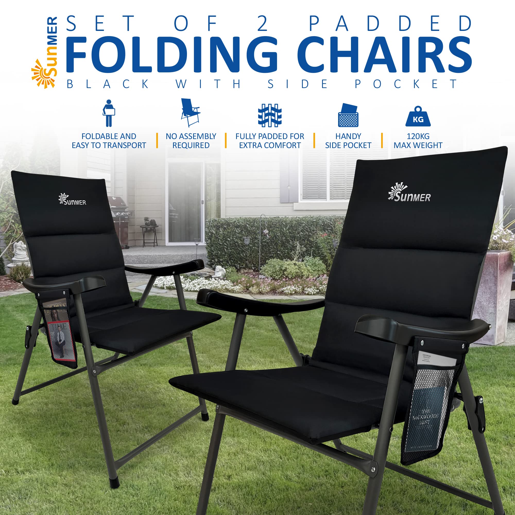SUNMER Padded Garden Camping Chairs Foldable with Side Pocket, Holds up to 120kg, Lightweight 4kg per Chair, Outdoor Seat for Camping, Fishing, Relaxing - Black