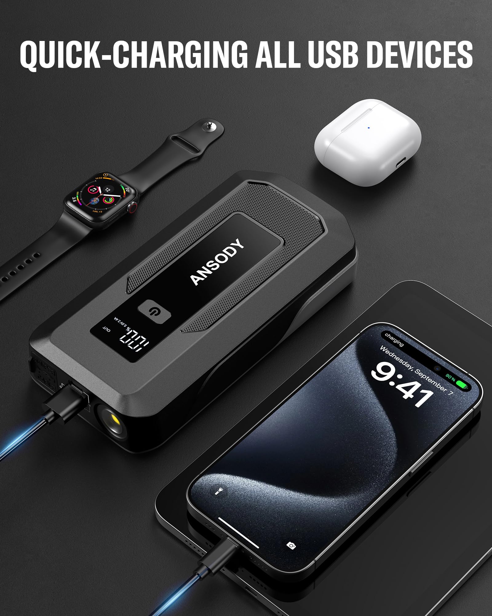 ANSODY Jump Starter Power Pack 3000A (Up to 10.0L Gas,8.0L Diesel), Car Battery Booster Jump Starter with Jump Leads, LED Flashlight, Jump Pack for 12V Vehicles Pickup SUV Motorcycle