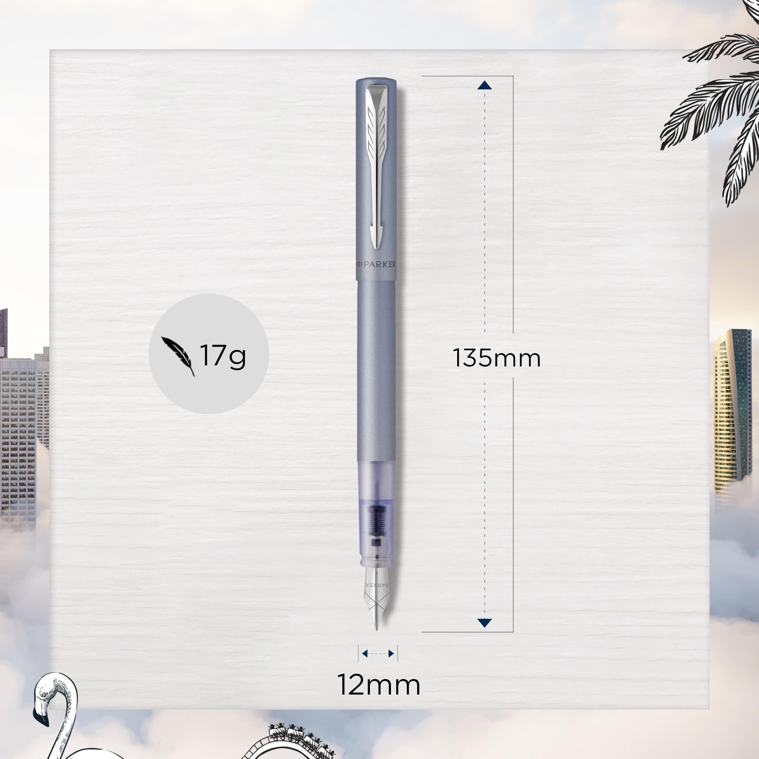 Parker Vector Fountain Pen | Black with Chrome Trim | Medium Nib | Blue Ink | Hangtab