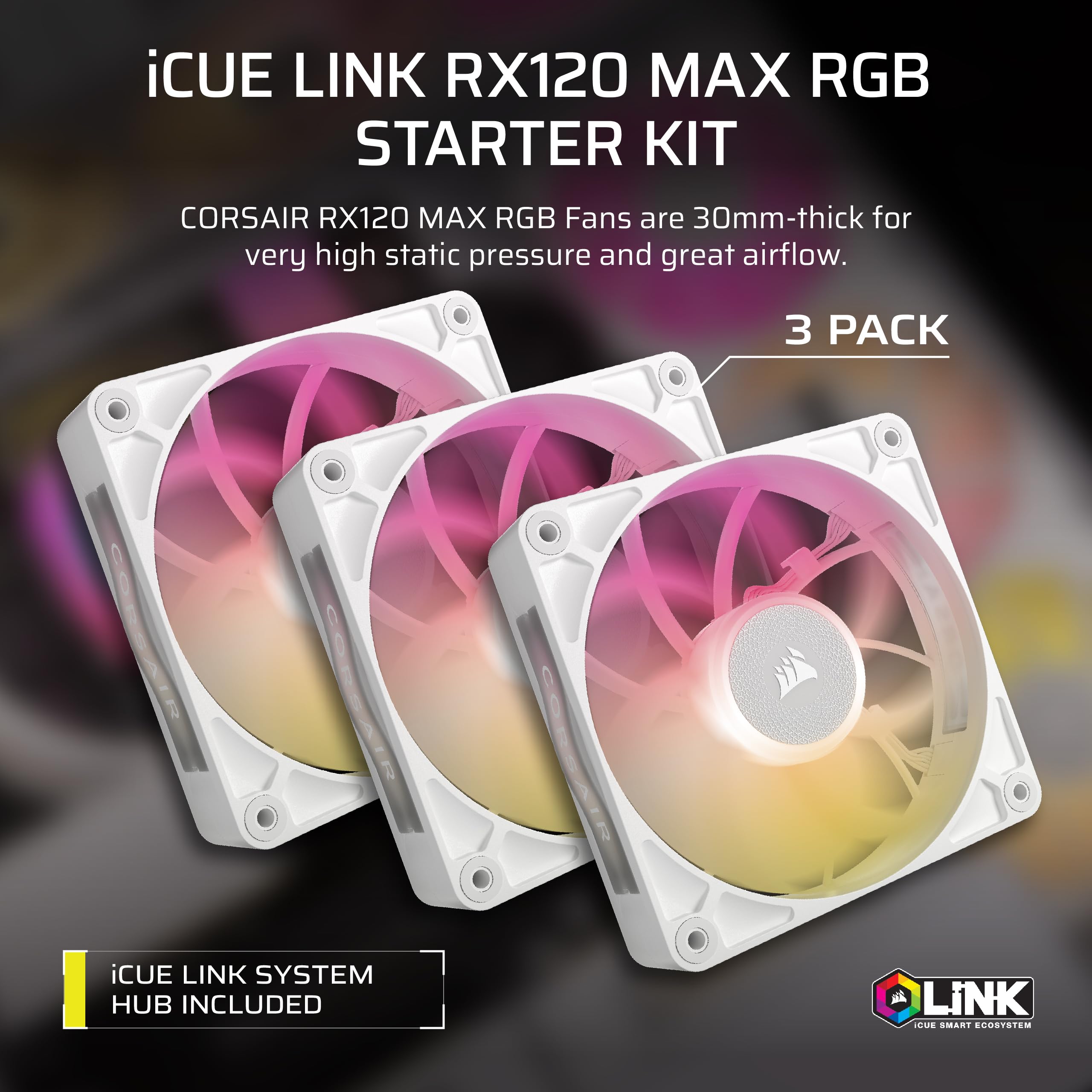 CORSAIR iCUE LINK RX120 MAX RGB 120mm PWM Thick Fans with iCUE LINK System Hub – High-Static Pressure – Magnetic Dome Bearing – Triple Pack – White