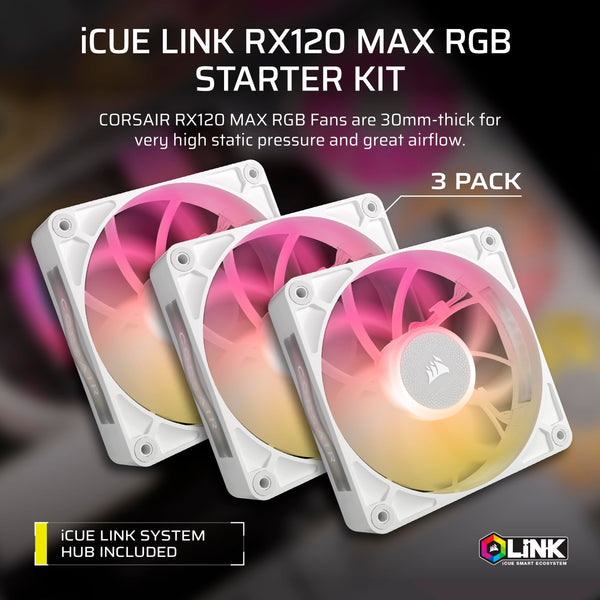 CORSAIR iCUE LINK RX120 MAX RGB 120mm PWM Thick Fans with iCUE LINK System Hub – High-Static Pressure – Magnetic Dome Bearing – Triple Pack – White
