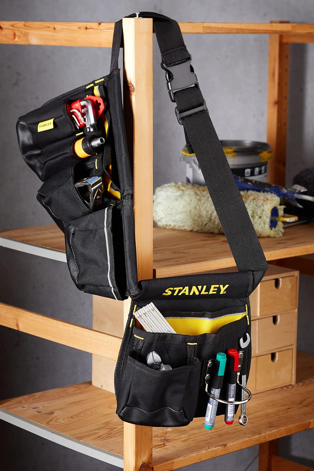 STANLEY Essential Tool Belt Pouch Apron, Multiple pockets, Integrated Hammer Loop, Tape Pocket for Easy Reach When Working, Adjustable Belt and Buckle, 1-96-178
