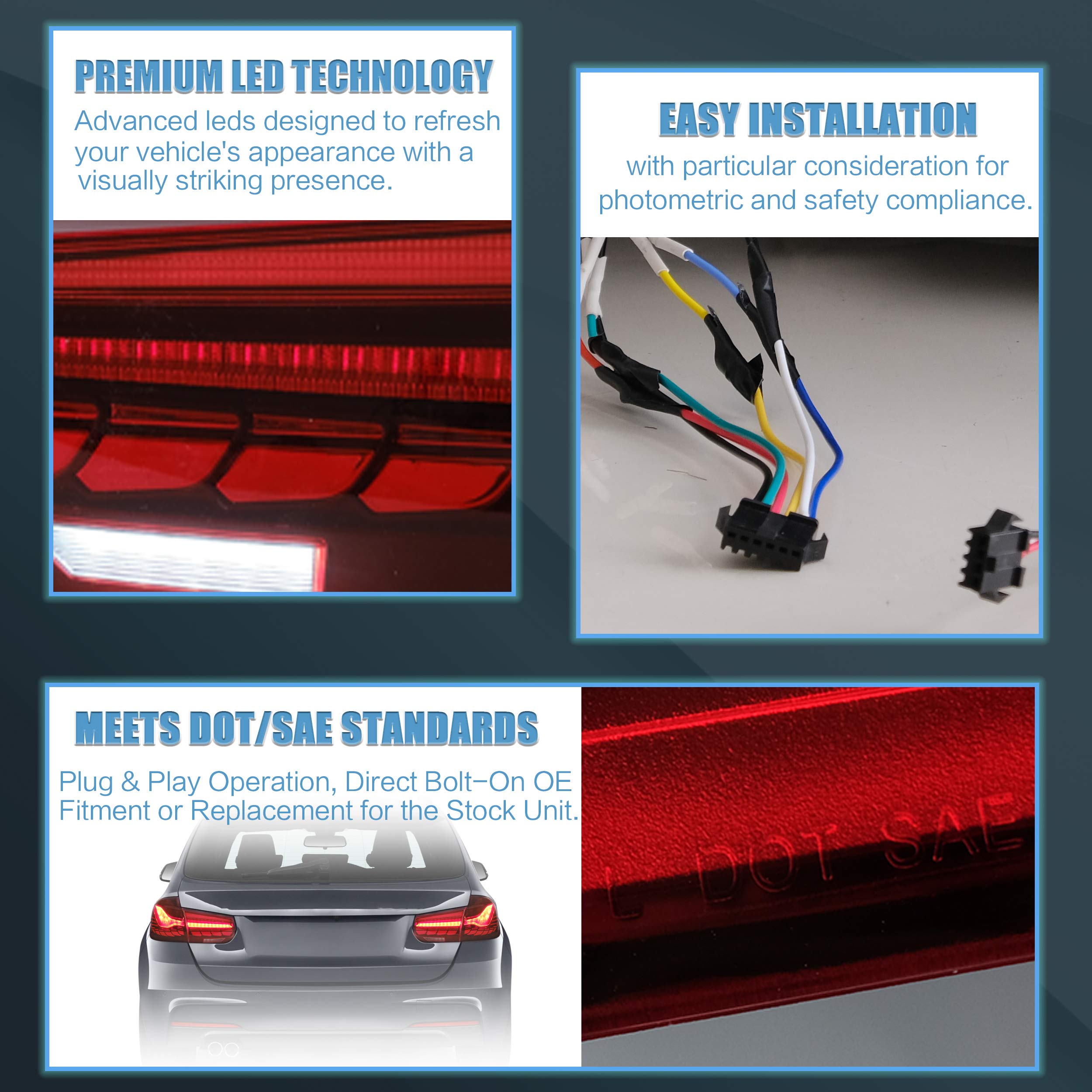 VLAND OLED Rear Lights Compatible with 2013-2018 BMW 3 Series F30 F35 F80 320i 328i 335i Sedan (Not for F31 F34), Tail Lights with Sequential Indicators, E-mark, Red