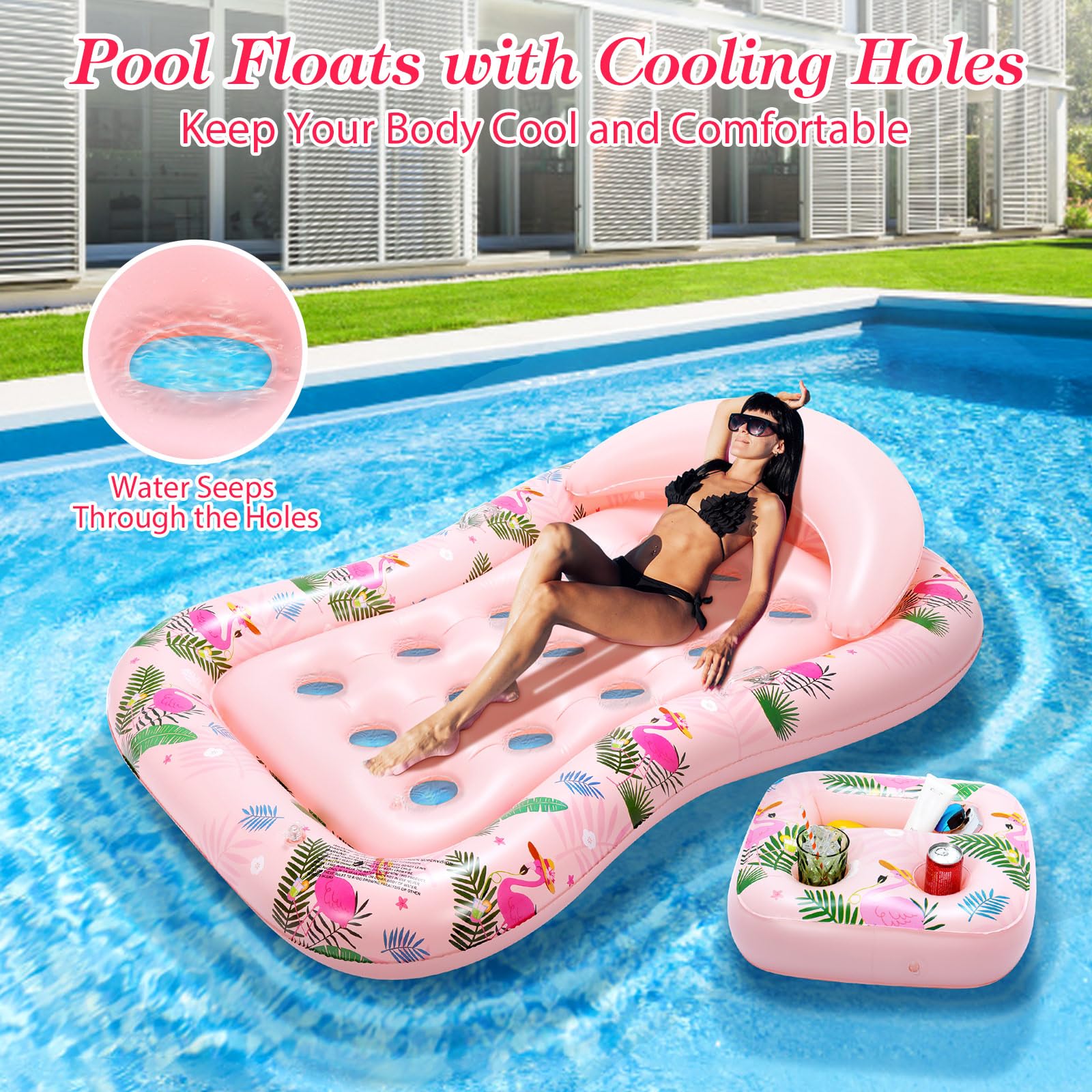 MoKo Pool Floats Adult, Floating Bed with Ice Bar, Tanning Bed Pool Raft Inflatable Lounger with Drink Holder Tanning Chair Inflatable Pool Toys for Party Beach Backyard
