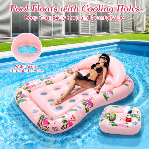 MoKo Pool Floats Adult, Floating Bed with Ice Bar, Tanning Bed Pool Raft Inflatable Lounger with Drink Holder Tanning Chair Inflatable Pool Toys for Party Beach Backyard