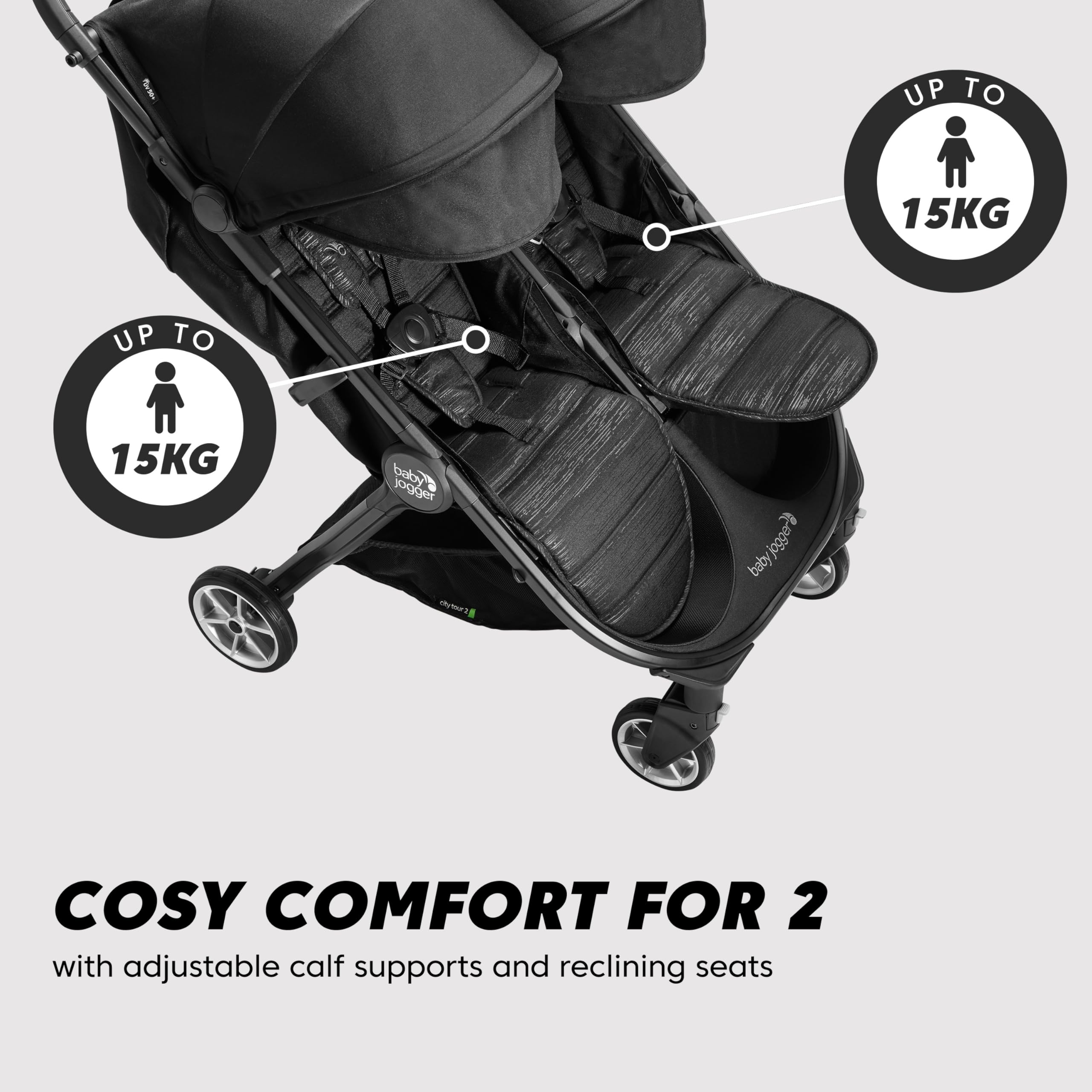 Baby Jogger City Tour 2 Double Travel Pushchair | Lightweight, Foldable & Portable Double Buggy | Pitch Black