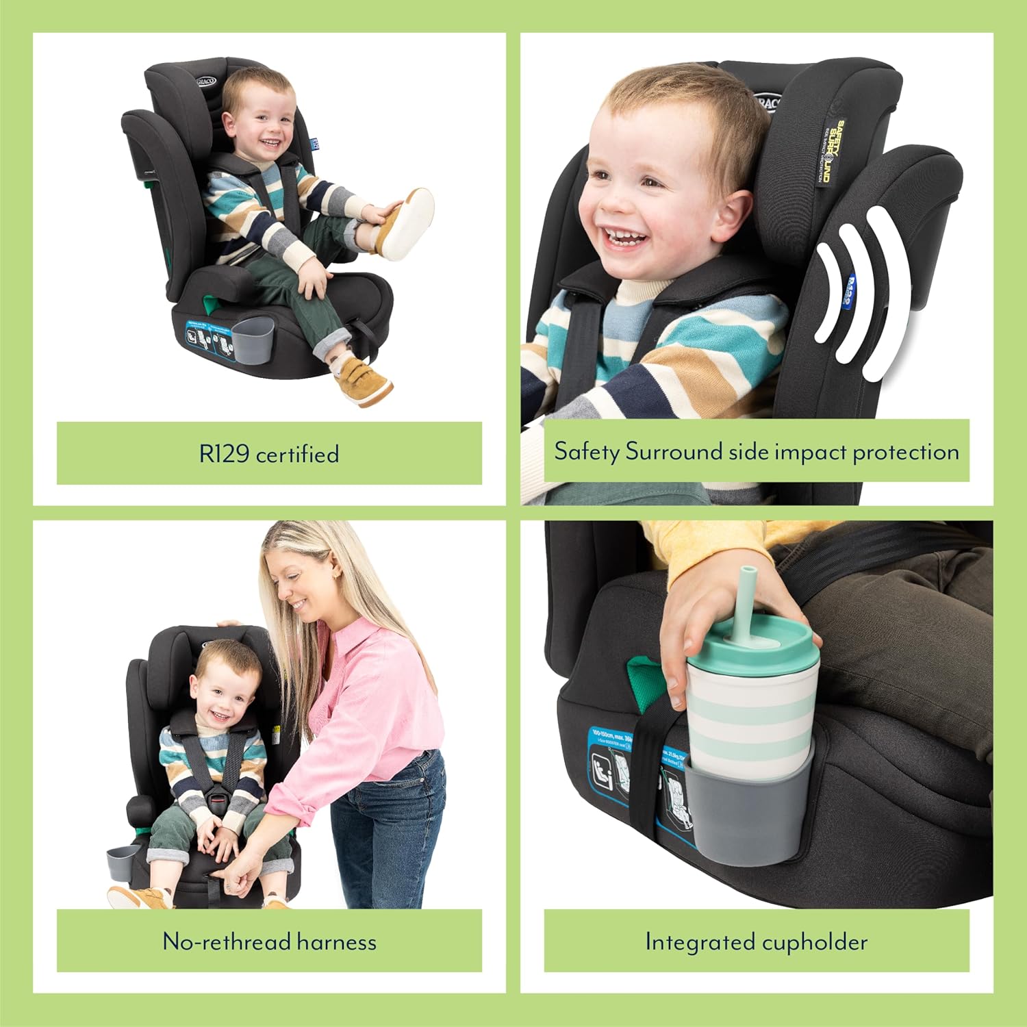 Graco Eldura R129 Harness Booster (76-145cm - 15 Months to Approx. 12 Years). Harness mode from 15 months to approx. 4 Yrs (76-105cm), Highback mode from approx. 3.5 to 12 yrs (105-145cm), Midnight