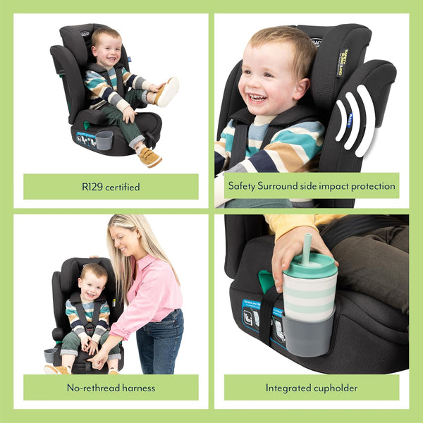 Graco Eldura R129 Harness Booster (76-145cm - 15 Months to Approx. 12 Years). Harness mode from 15 months to approx. 4 Yrs (76-105cm), Highback mode from approx. 3.5 to 12 yrs (105-145cm), Midnight