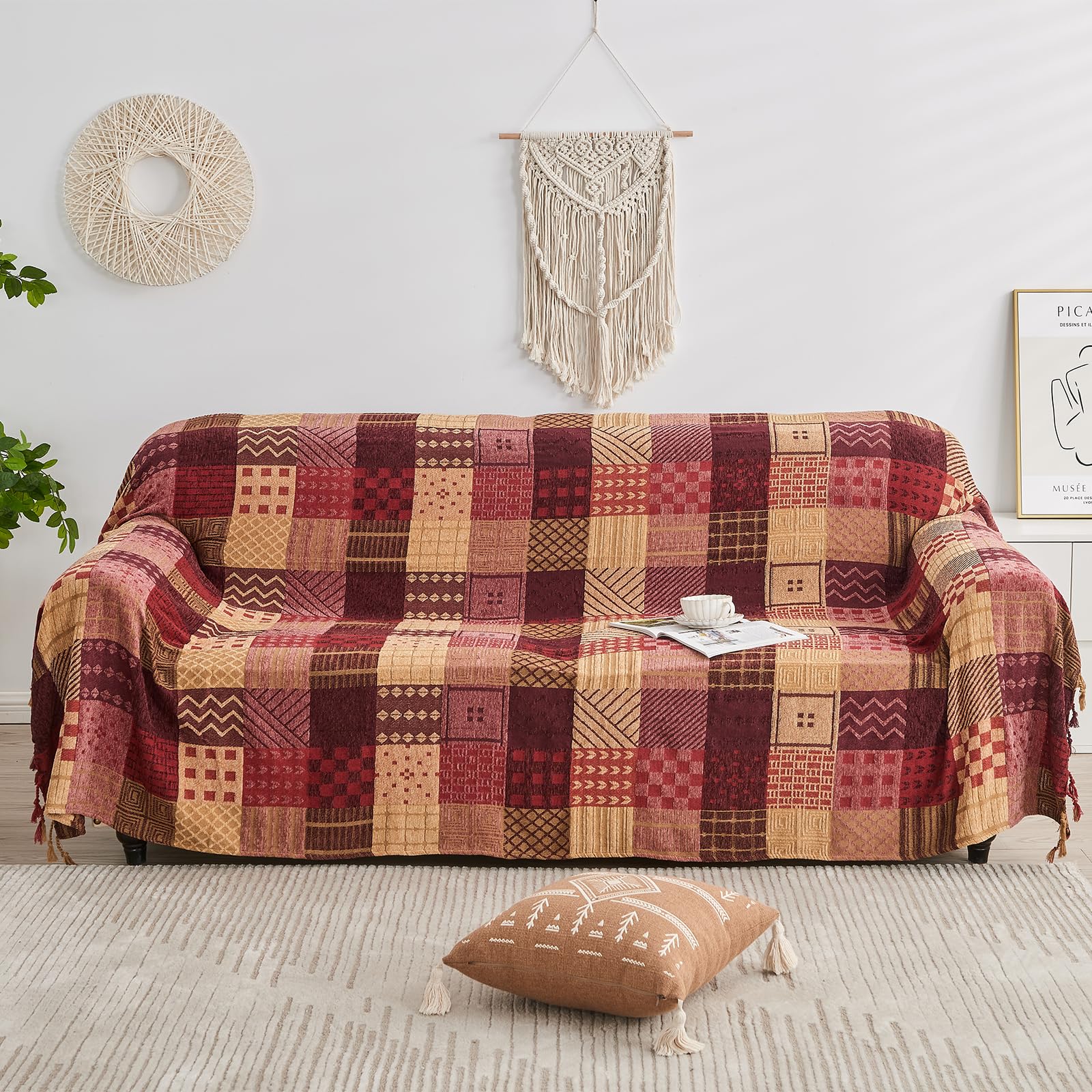 Edcooy Boho Throw Blanket,Patchwork Large Blankets for Sofa Double Bed Armchair Couch,Weighted Soft Furniture Throws,Tassels Chenille Throws and