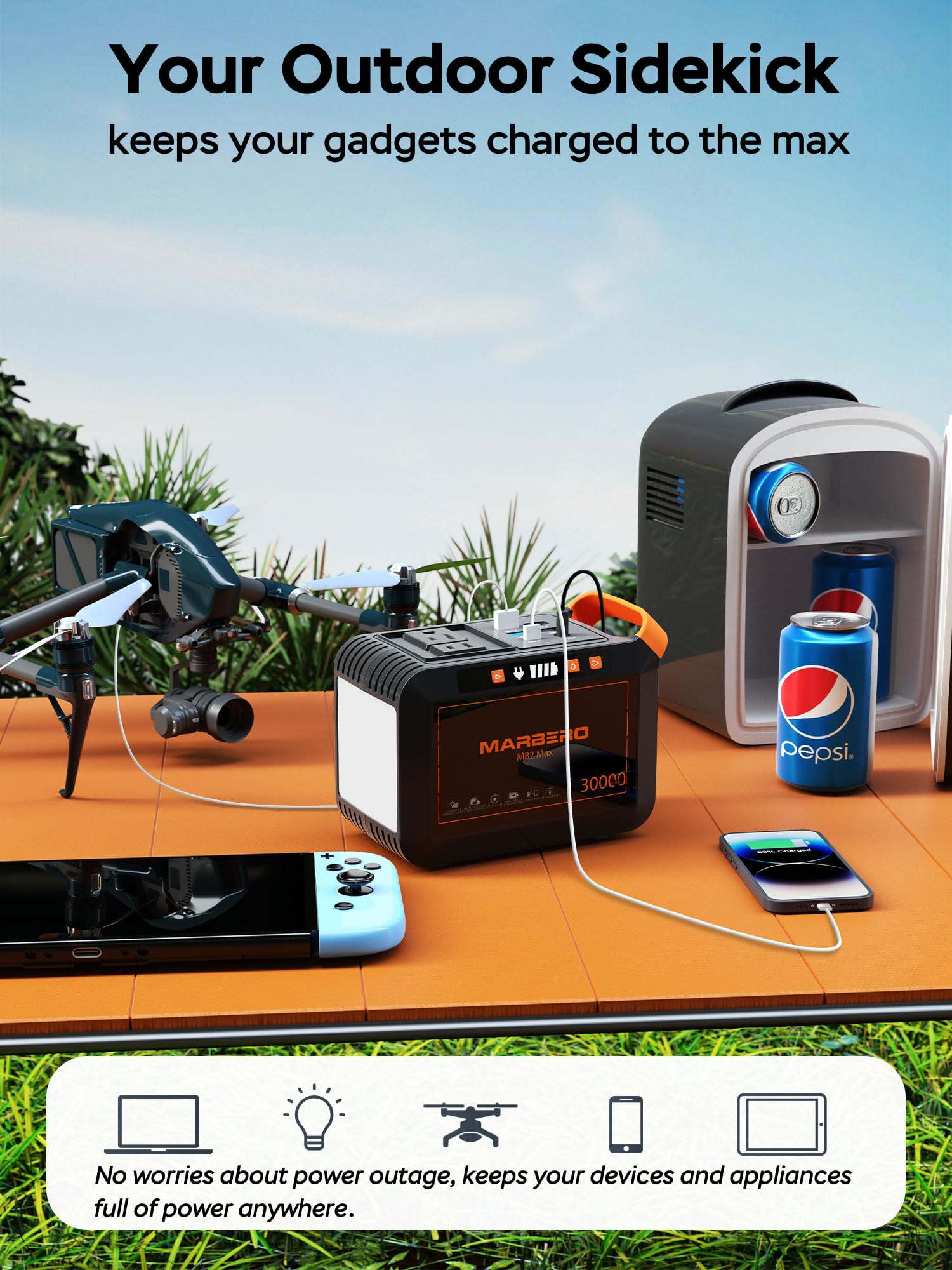 MARBERO Portable Power Station 98Wh Large Battery Pack 100W(150W Peak) Solar Generator Camping Backup with AC Plug Socket with LED Light for Outdoor Adventure RV Trip Home Blackout Emergency