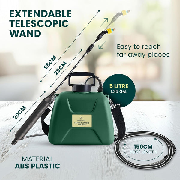 Green Haven 5L Battery-Powered Pressure Sprayer – USB Rechargeable Electric Garden Sprayer with 3 Adjustable Nozzles, Easy-Fill Tank, Durable ABS, Portable Design, and Shoulder Strap for Gardening