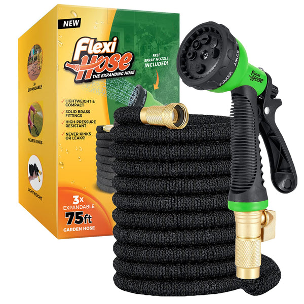 Flexi Hose Upgraded Expandable Garden Hose Pipe Including 8 Function Spray Gun Nozzle - Extra Strength with 2 cm Solid Brass Fittings - No-Kink Flexible Garden Hoses (Orange/Black 15 Metres)