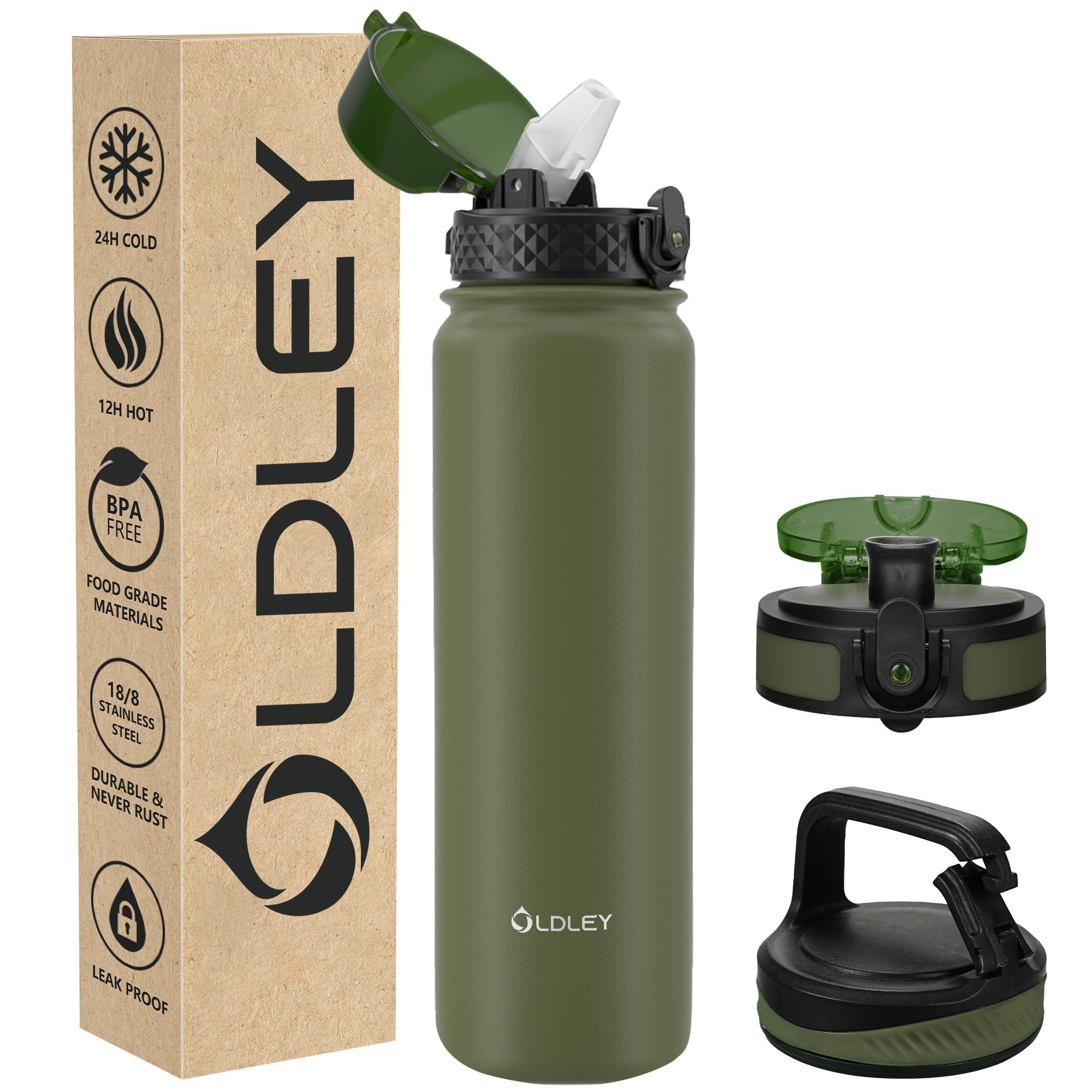 OLDLEY Stainless Steel Water Bottle with Straw 1L Vaccum Insulated Large Drink Flask Metal Water Bottles 1 Litre Leakproof Keep Drinks Hot Cold for Sports Gym with Different Lids(Purple Green, 3 Lids)