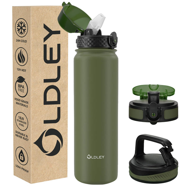 OLDLEY Stainless Steel Water Bottle with Straw 1L Vaccum Insulated Large Drink Flask Metal Water Bottles 1 Litre Leakproof Keep Drinks Hot Cold for Sports Gym with Different Lids(Purple Green, 3 Lids)