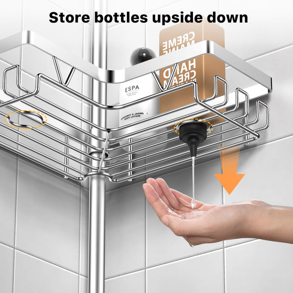 Kegii Telescopic Shower Caddy Corner - Stainless Steel Shower Shelf No Drilling Bathroom Caddy with Soap Holder and Hooks(White), On The Bath or Stand Up Shower