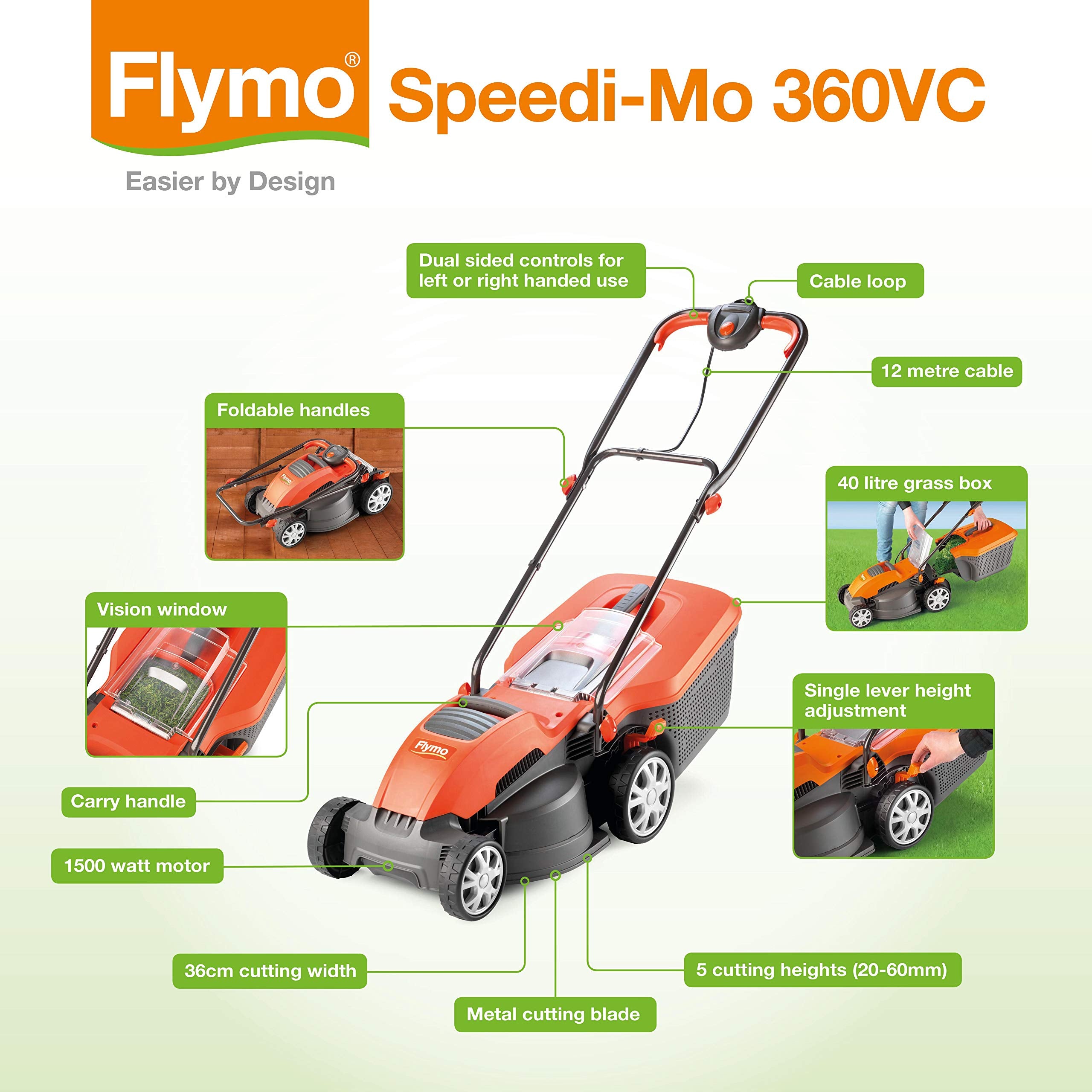Flymo Speedi-Mo 360VC Electric Rotary Lawn Mower, 1500W, 36cm Cutting Width, 40 L Grass Box, 967663301