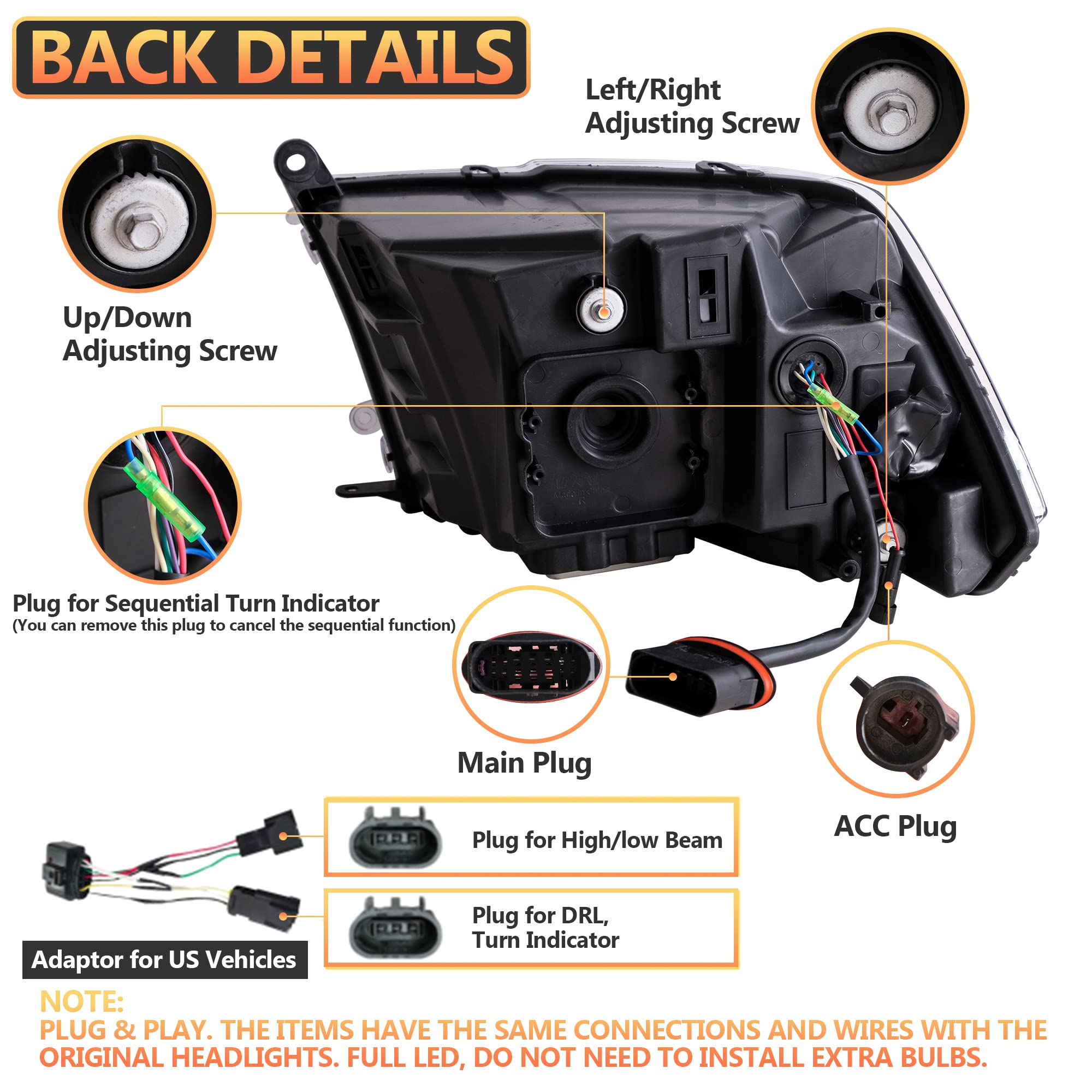 VLAND Motor LED Headlights compatible with RAM 1500 2500 3500 2009-2018 & RAM 1500 Classic 2019-2021, w/Startup dynamic display & Blue to white changing, Passenger & Driver Sides - Clear reflector