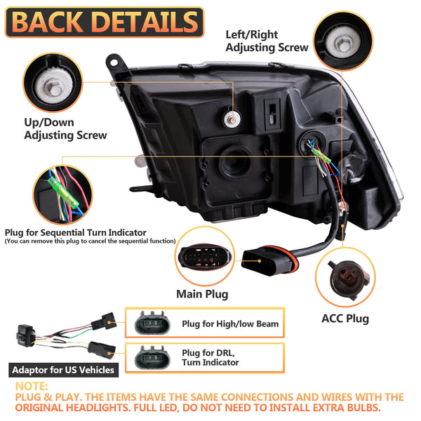 VLAND Motor LED Headlights compatible with RAM 1500 2500 3500 2009-2018 & RAM 1500 Classic 2019-2021, w/Startup dynamic display & Blue to white changing, Passenger & Driver Sides - Clear reflector