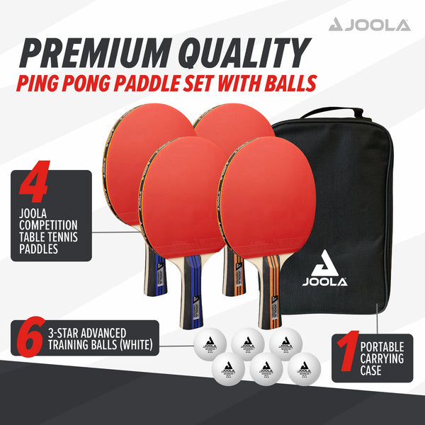 JOOLA Advanced Table Tennis Paddle Set - Includes 4 Ping Pong Paddles, 6 3-Star Ping Pong Balls & Carrying Case - for Intermediate Competitive