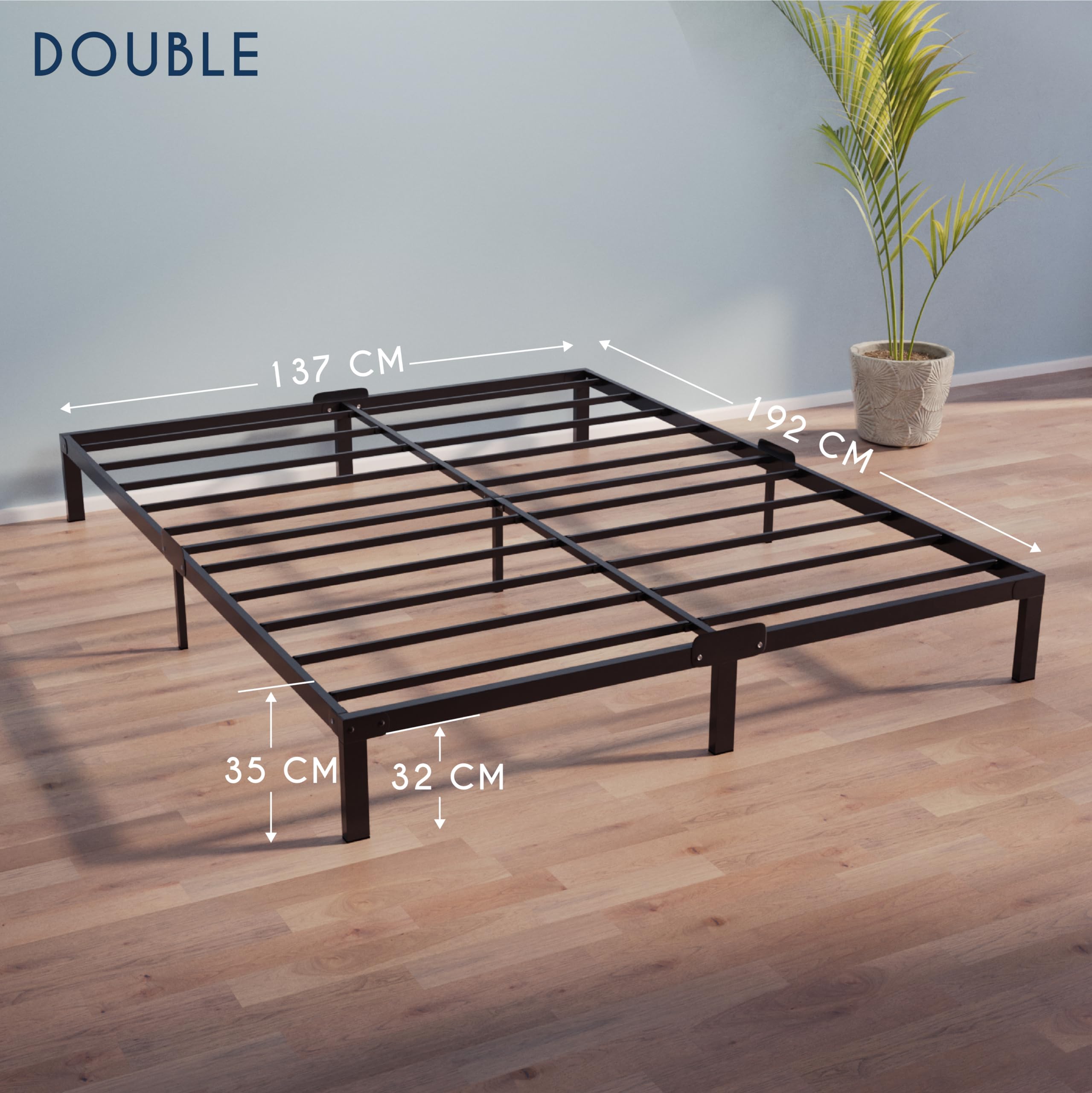 Dreamzie - Double Bed Frames Metal 135 x 190 with Storage 35 cm - Sturdy and 20min Easy Assembly Bed Frames - Large Storage