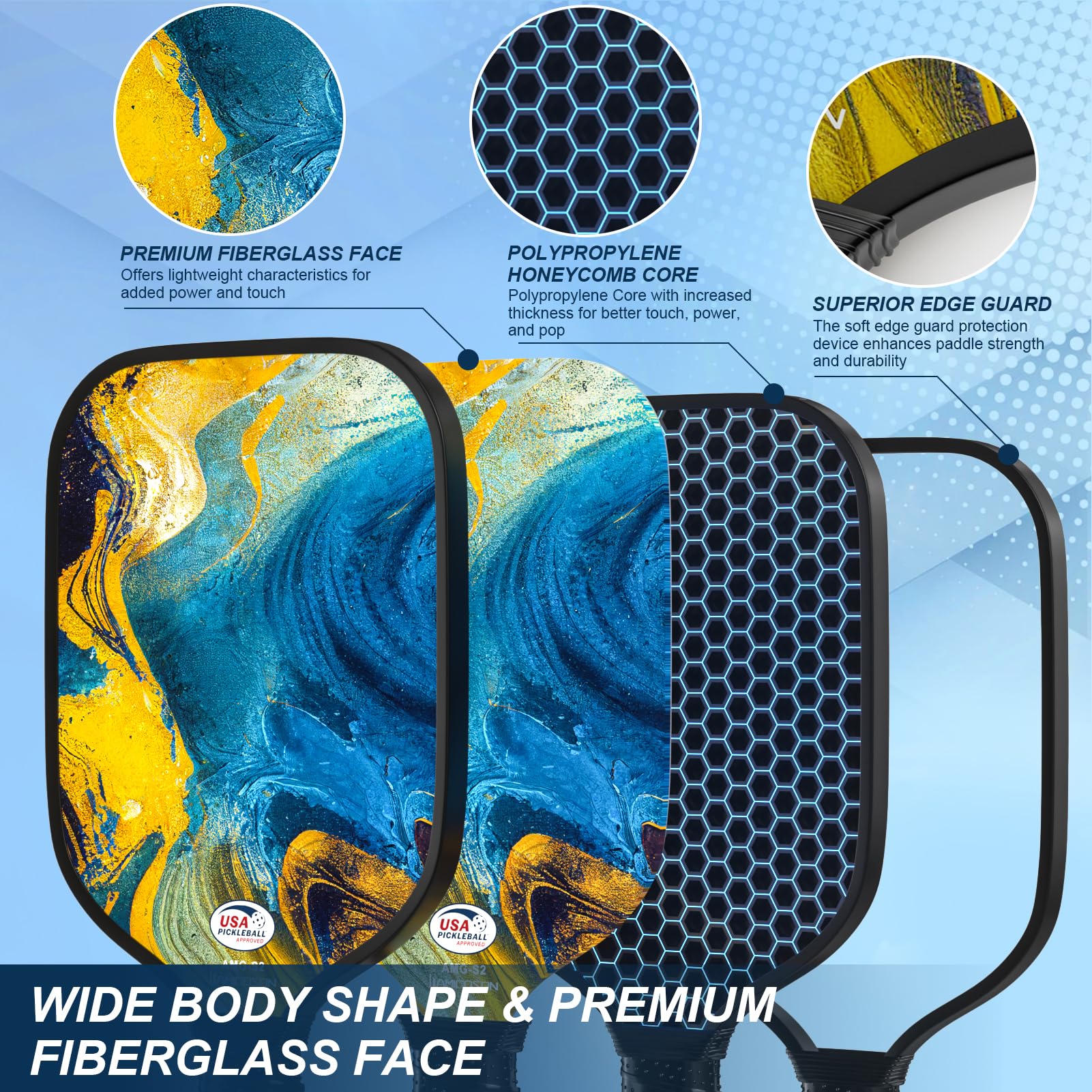 USAPA Approved Fiberglass Pickleball Set - 2 Lightweight Rackets, 4 Balls, 2 Cooling Towels, Bag & Gifts for Men & Women