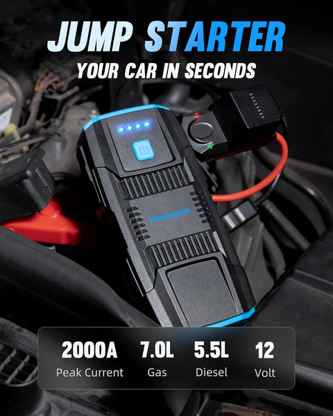 Jump Starter Portable Pack HEMINGSON 2000A Peak Battery Jump Starter Portable 12V Jump Box for Vehicles 7.0L Gas and 5.5L Diesel Engines with 4 Modes LED Lights and Jumper Cable