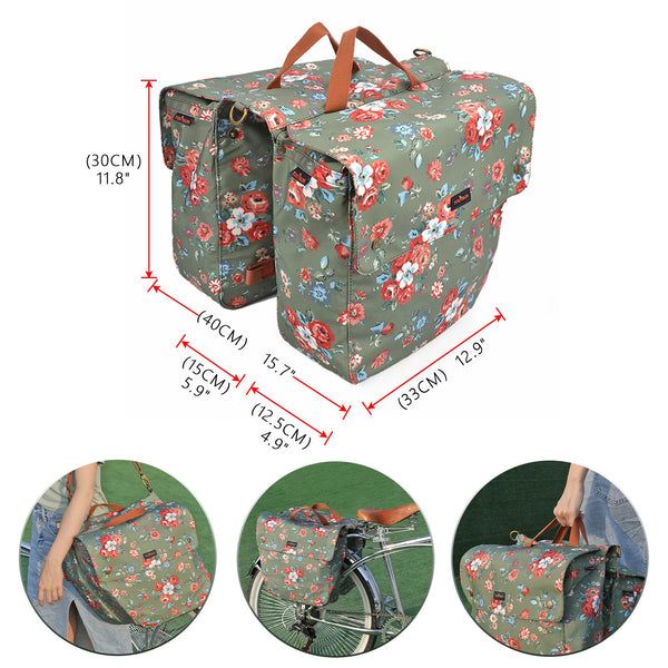 Tourbn TOURBON Waterproof Canvas Bicycle Bike Rear Seat Carrier Luggage Storage Bag Cycling Double Roll-up Pannier Bag Rear Pack (Flower Pattern),