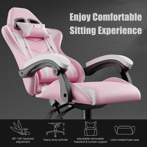 bigzzia Ergonomic Gaming Chair - Gamer Chairs with Lumbar Cushion + Headrest, Height-Adjustable Office & Computer Chair for Adults (without footrest, White)