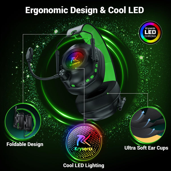 Krysenix KGH2 Wireless Gaming Headset for PS5, PS4, PC, Switch, 2.4GHz Bluetooth Wireless Headphones with Mic, Gaming & Music Dual Mode, ENC, Foldable, Cool LED, 40+ Hrs Battery, White Black